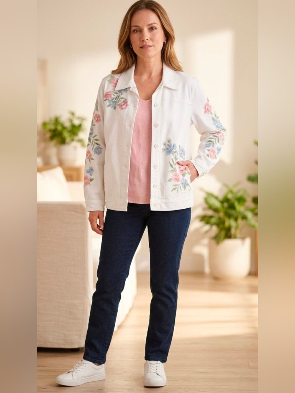 Alfred Dunner White Embroidered Floral Beaded Denim Jacket - 10P